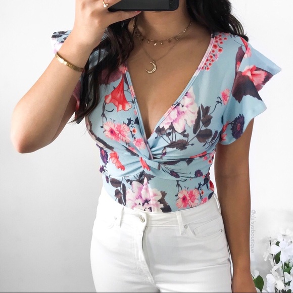 blue and pink floral twisted front ruffle bodysuit - Picture 2 of 4